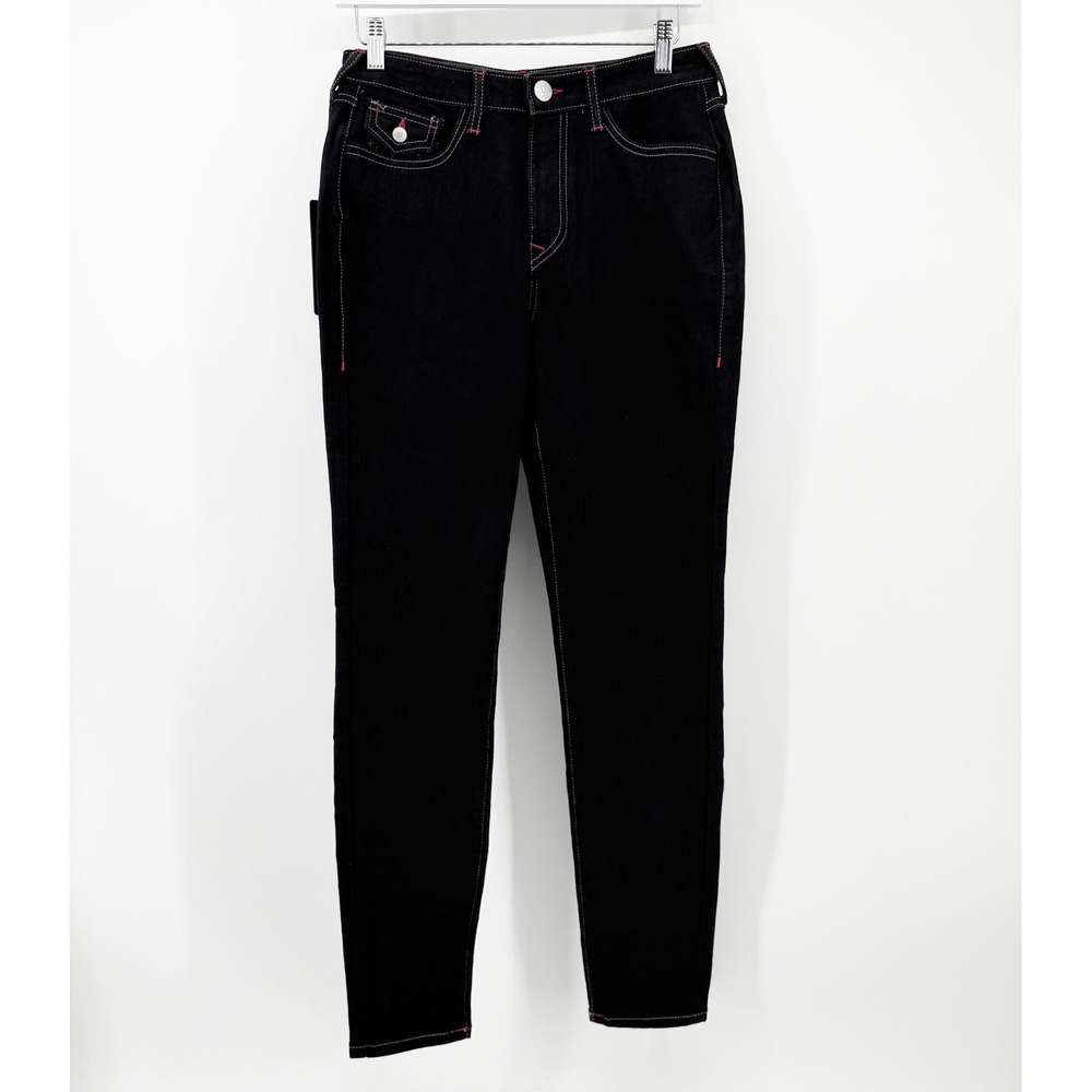 True Religion Size 28 Halle High Rise Super Skinny Jeans Black Red Stitching NWT